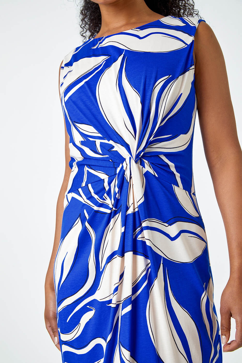 Royal Blue Petite Leaf Print Twist Stretch Midi Dress, Image 5 of 5