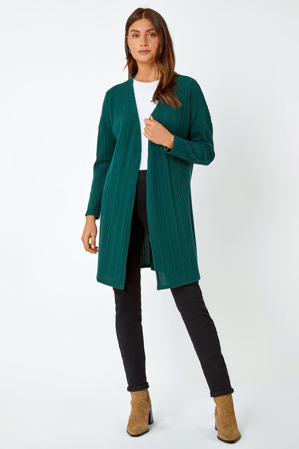 Green Ribbed Longline Stretch Knit Cardigan, Image 2 of 5