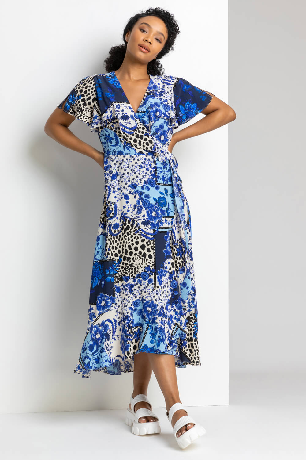 Blue Petite Geo Floral Frill Wrap Dress, Image 3 of 4