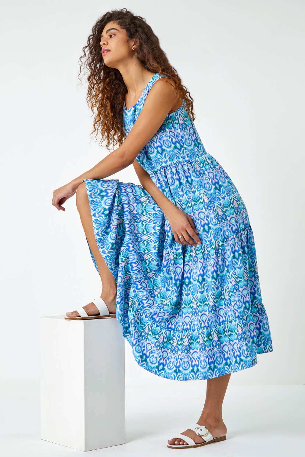 Aqua Sleeveless Aztec Print Smock Midi Dress | Roman UK