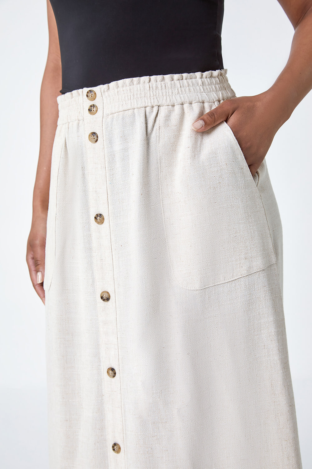 Natural  Petite Linen Blend Button Midi Skirt, Image 5 of 6
