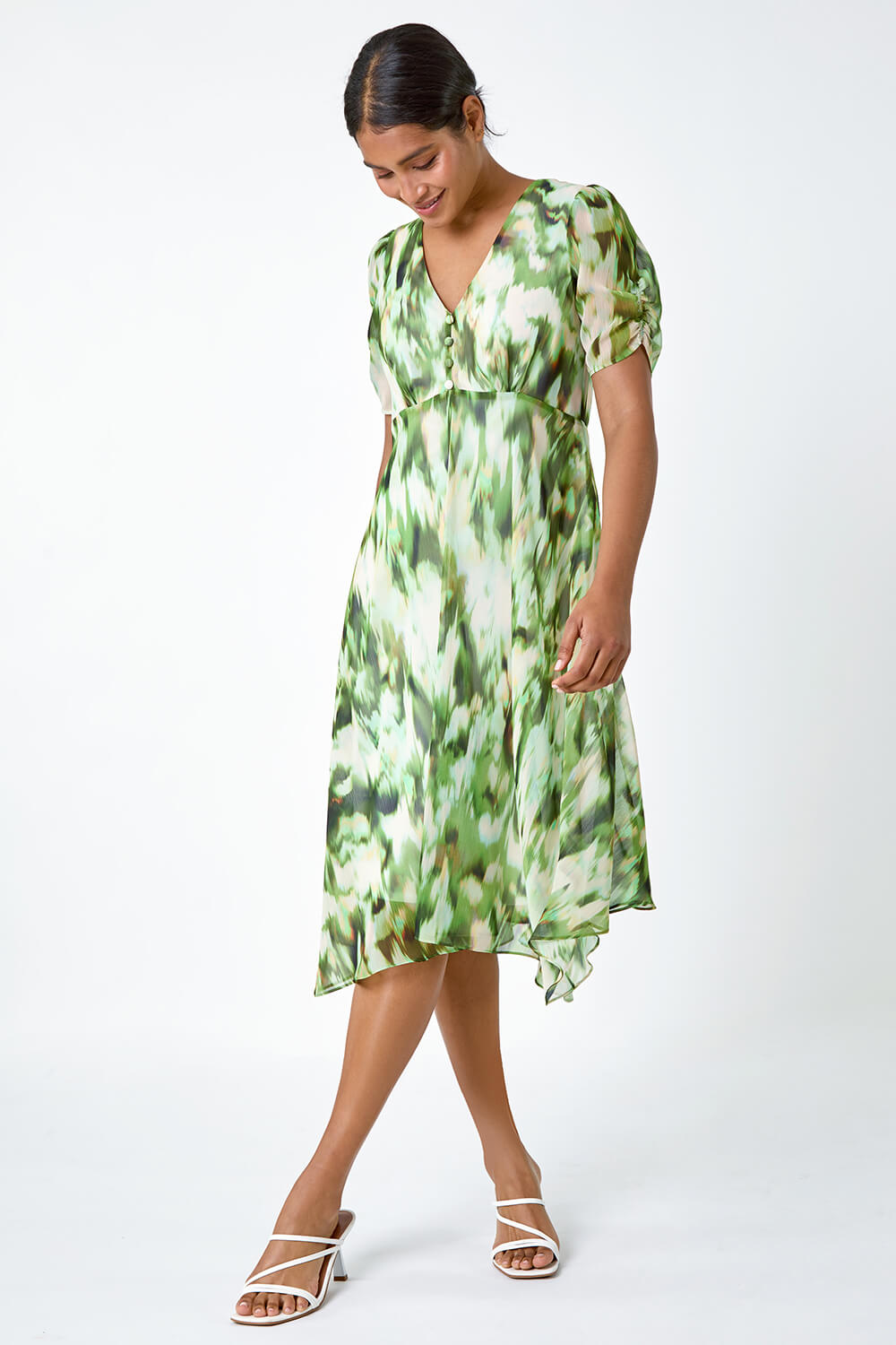 Green Abstract Print Hanky Hem Chiffon Dress, Image 2 of 5