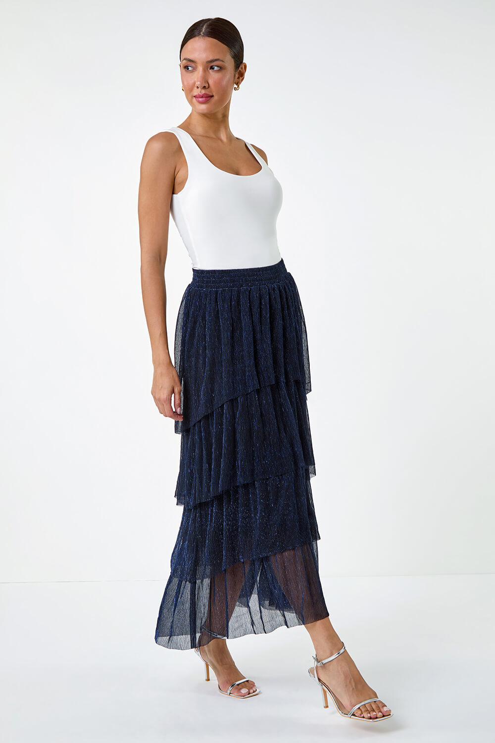 Midnight Blue Shimmer Tiered Mesh Maxi Skirt, Image 3 of 5