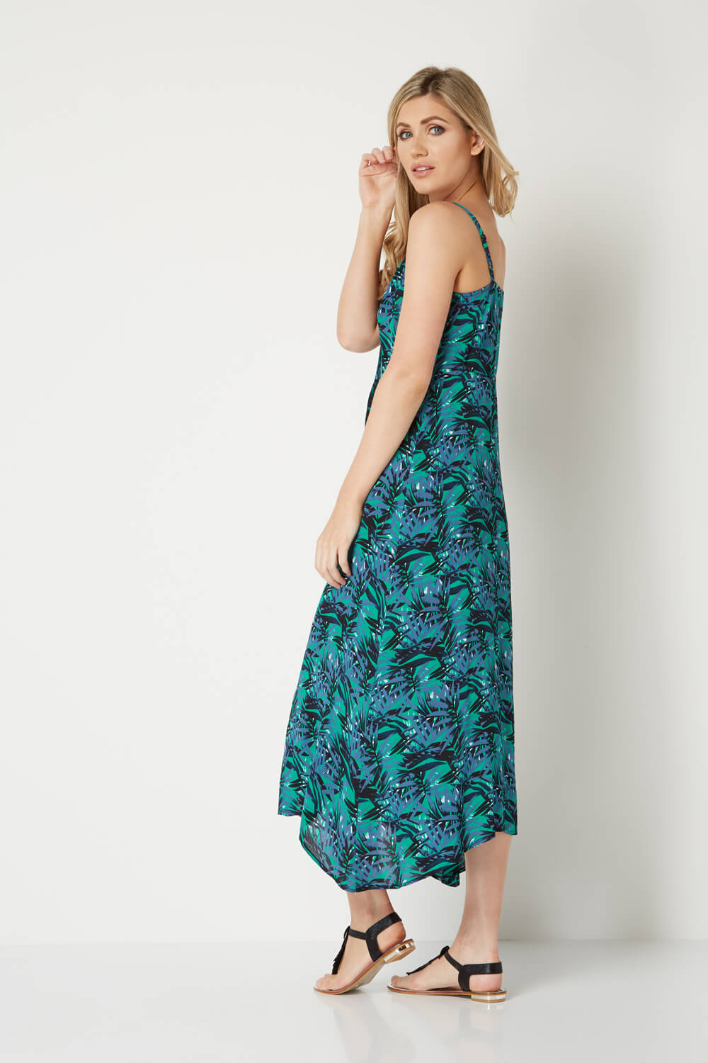 Green Sleeveless Palm Print Sun Dress, Image 3 of 4