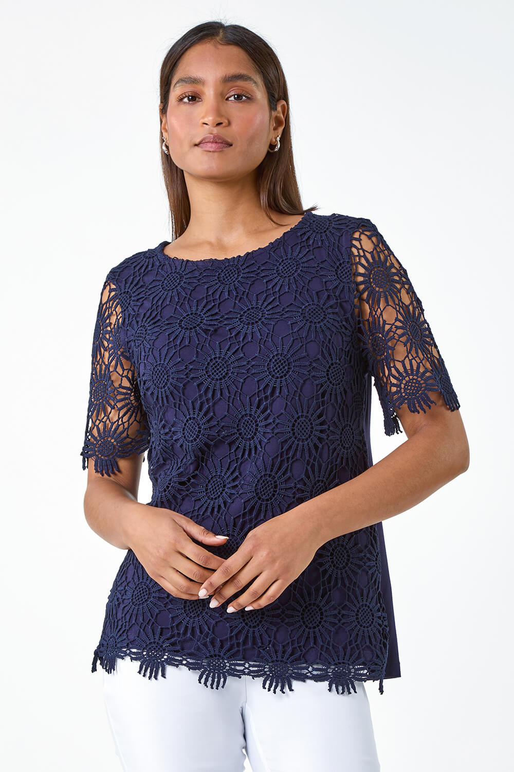 Navy  Floral Lace Stretch Jersey T-Shirt, Image 2 of 5