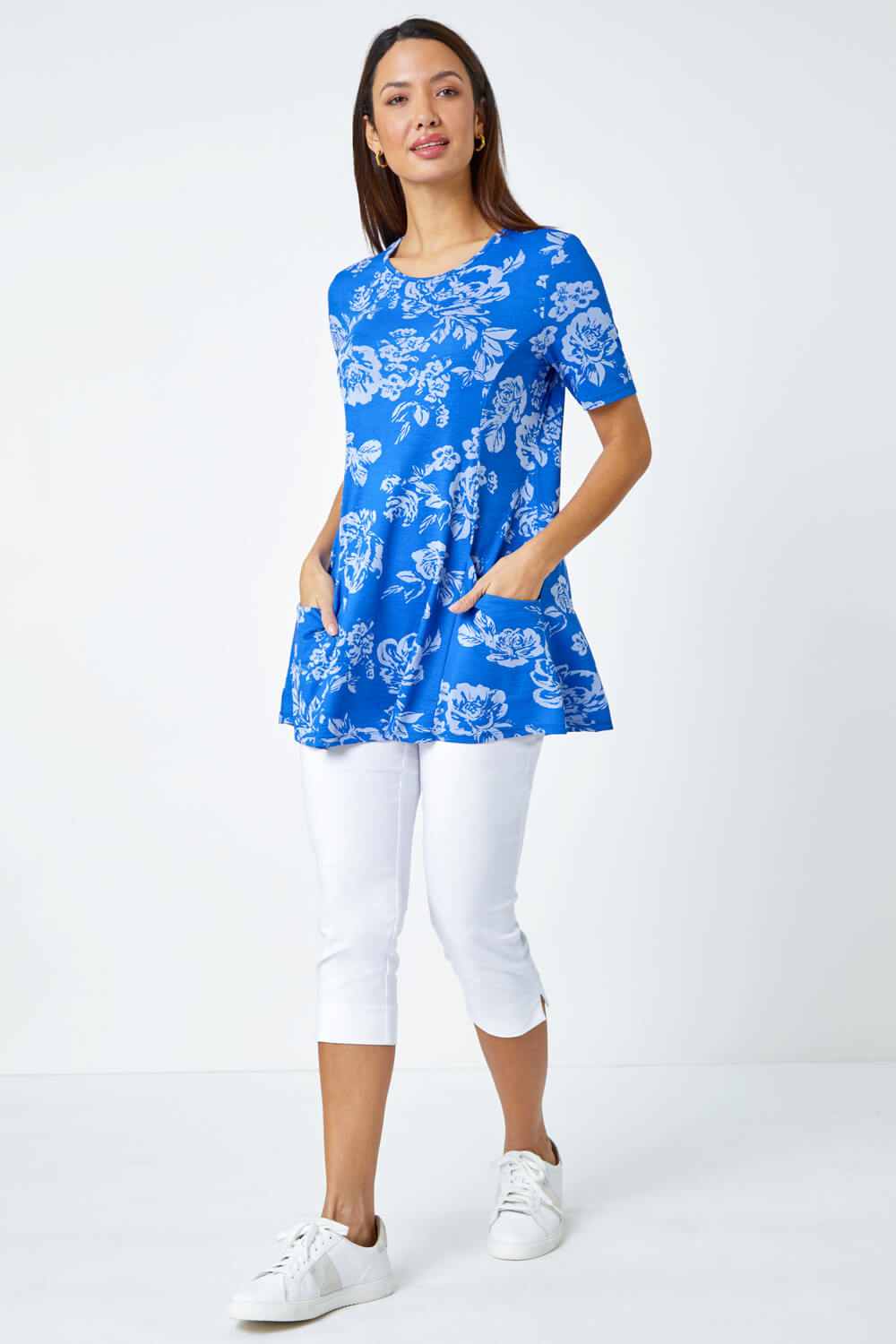 Blue Floral Print Stretch Tunic Pocket Top, Image 2 of 5