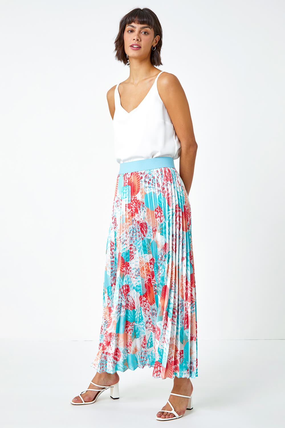 Turquoise Seashell Print Pleated Maxi Skirt, Image 2 of 5