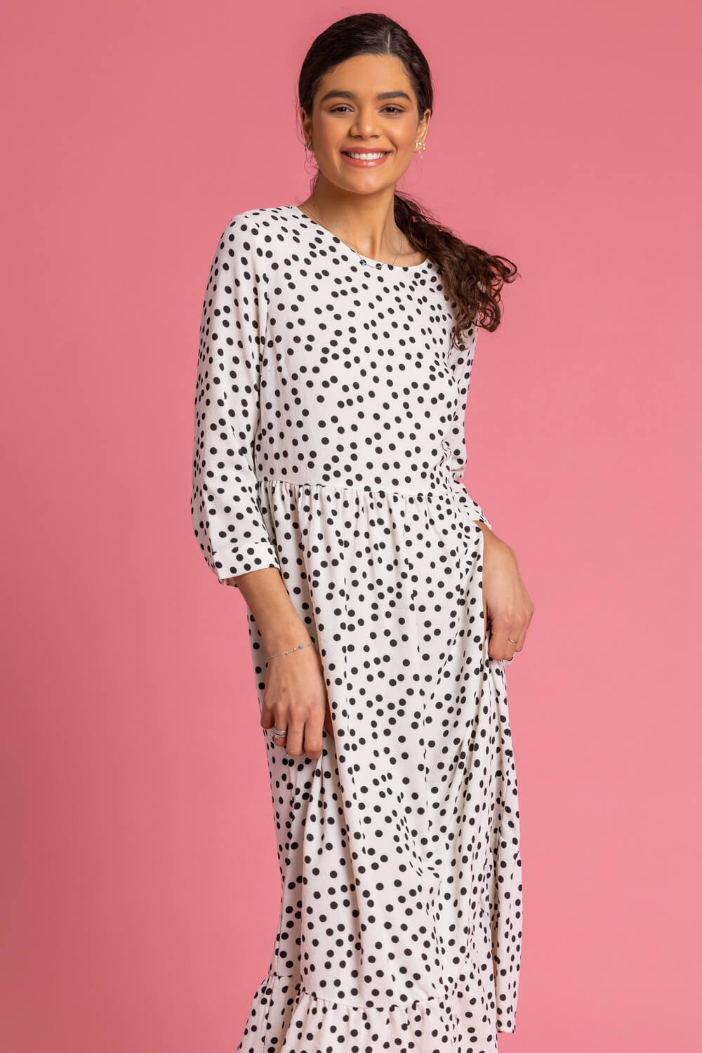 Ivory  Polka Dot Print Tiered Maxi Dress, Image 3 of 5