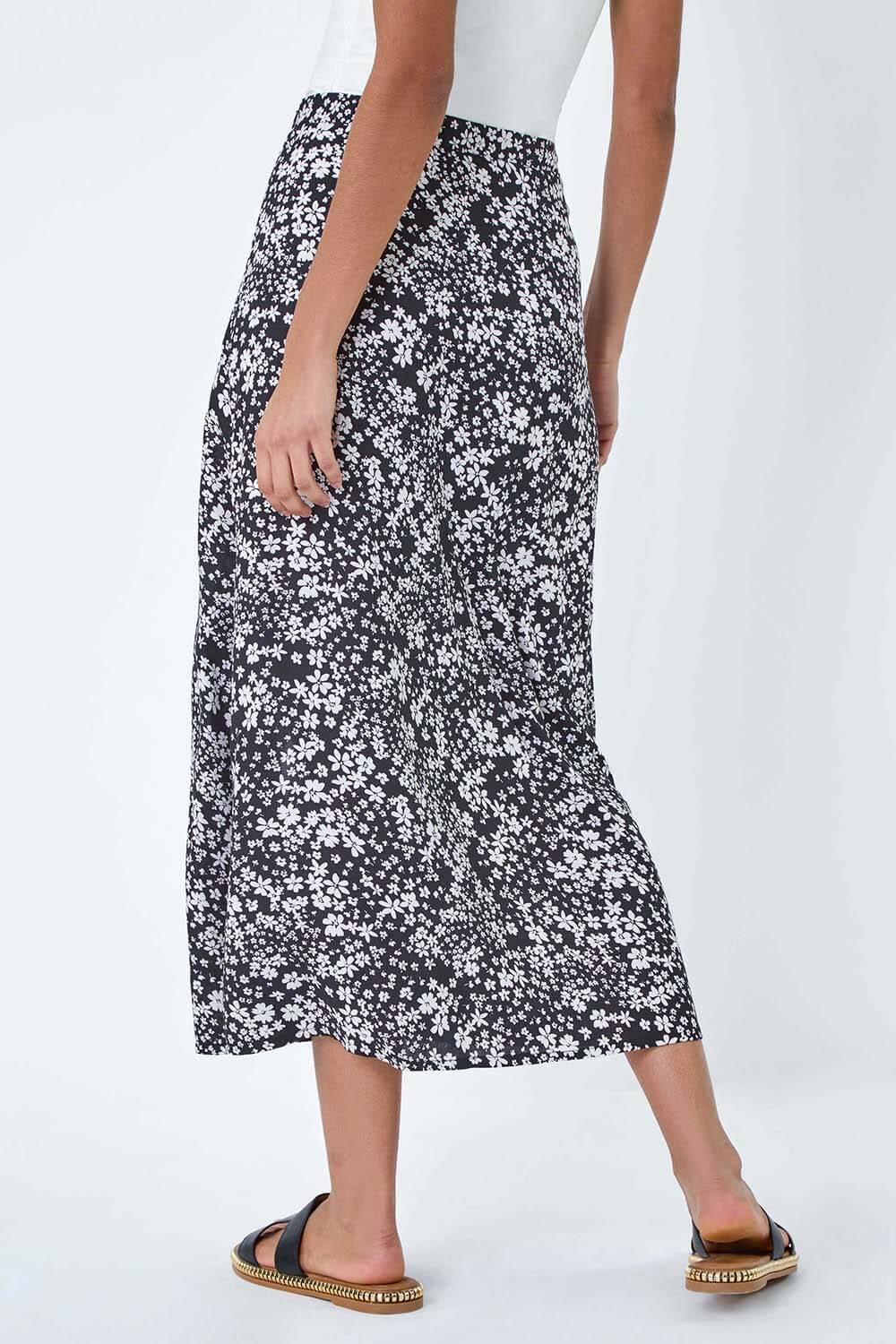 Black Ditsy Floral Button Detail Midi Skirt, Image 3 of 5