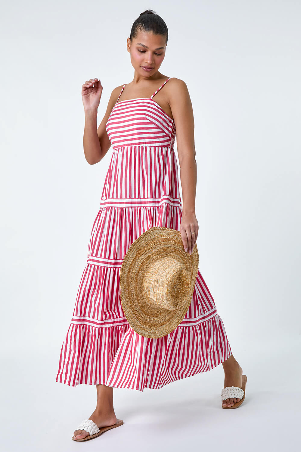 Red Sleeveless Stripe Tiered Cotton Maxi Dress, Image 5 of 5