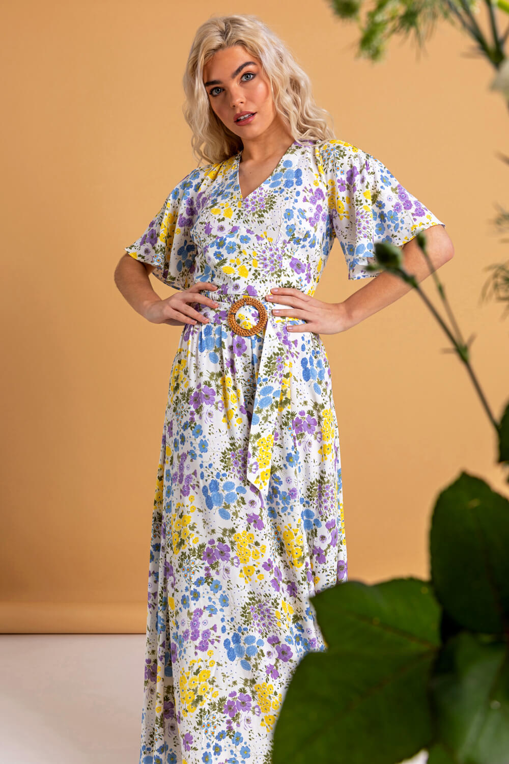 Multi  Floral Belted Maxi Dress, Image 3 of 4