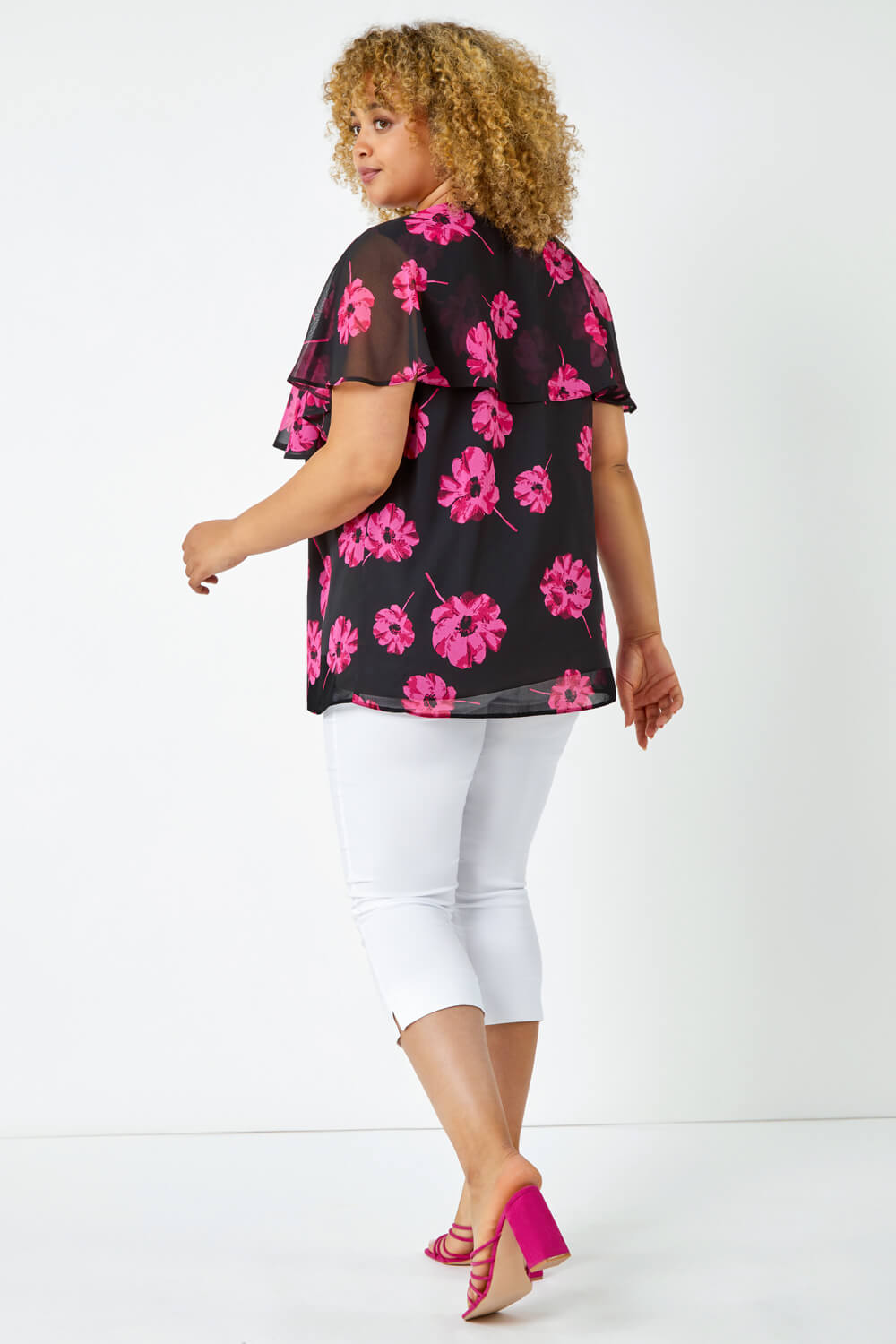 Fuchsia Curve Floral Chiffon Overlay Top, Image 3 of 5