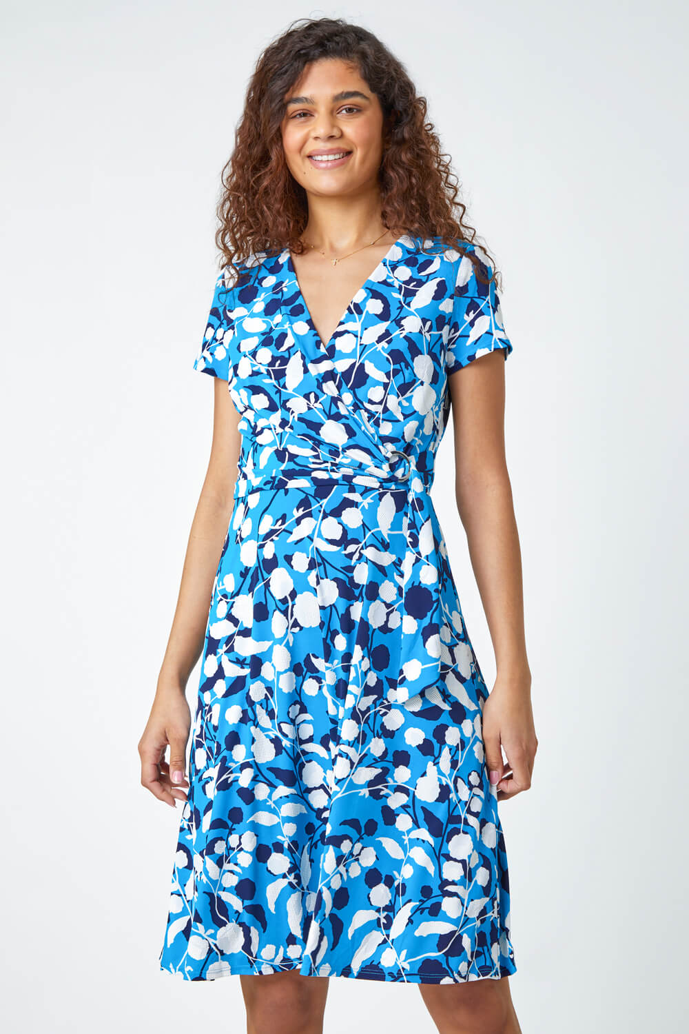 Turquoise Floral Stretch Wrap Skater Dress, Image 2 of 5