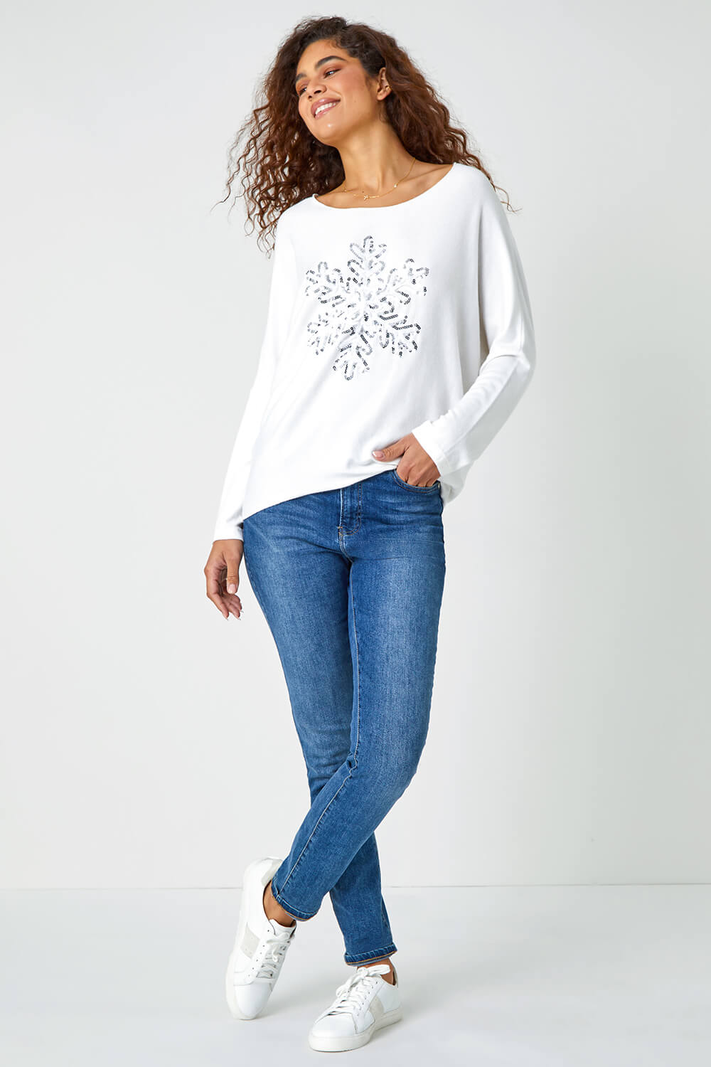 Ivory  Embellished Snowflake Stretch Top, Image 2 of 5