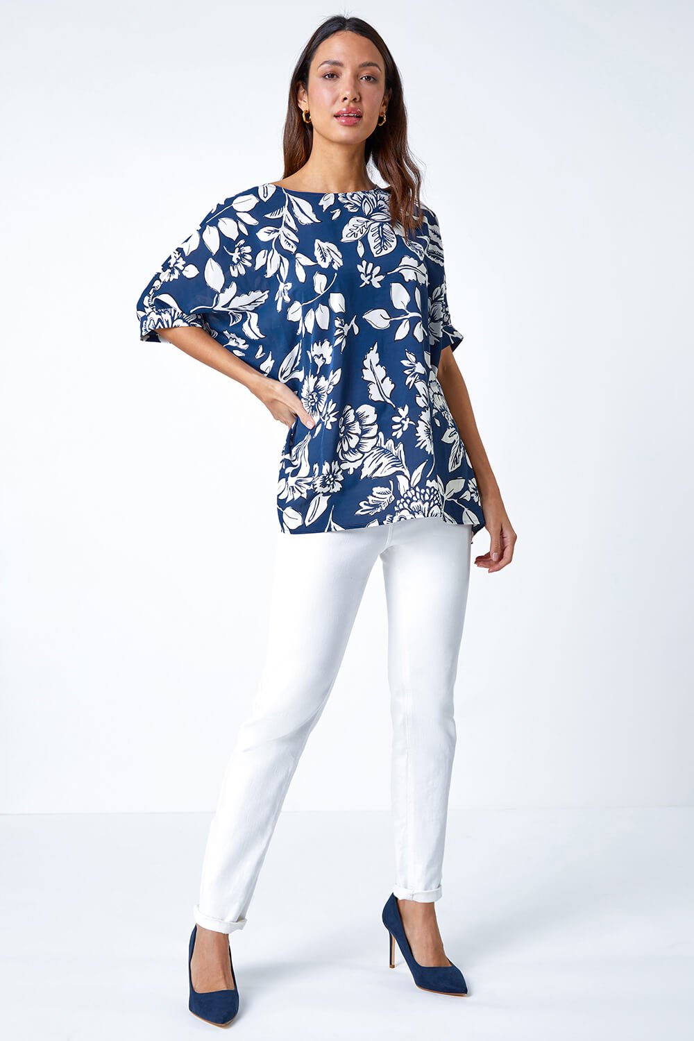 Navy  Floral Print Button Back Top, Image 2 of 5
