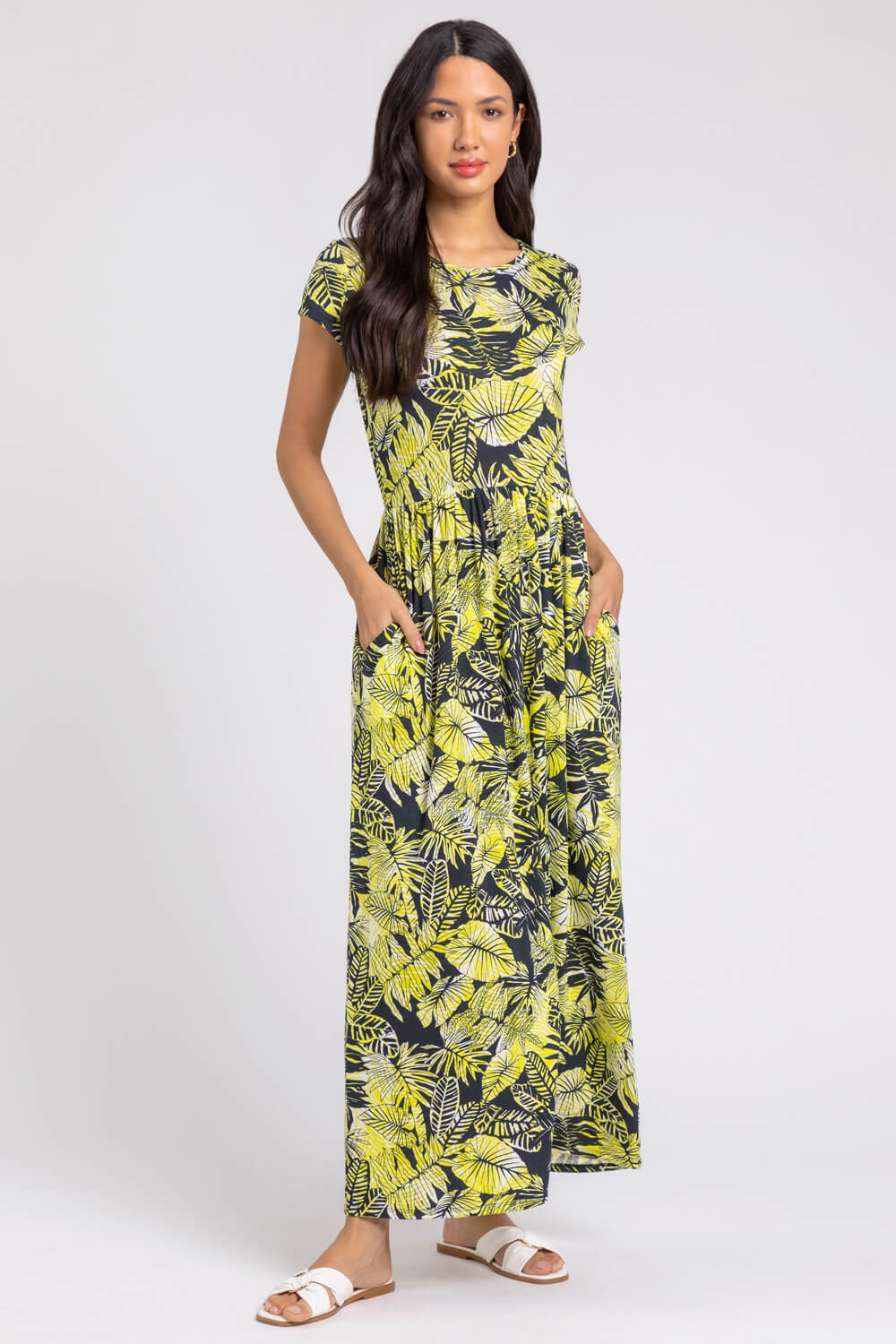 Tropical Print Jersey Maxi Dress in Yellow - Roman Originals UK