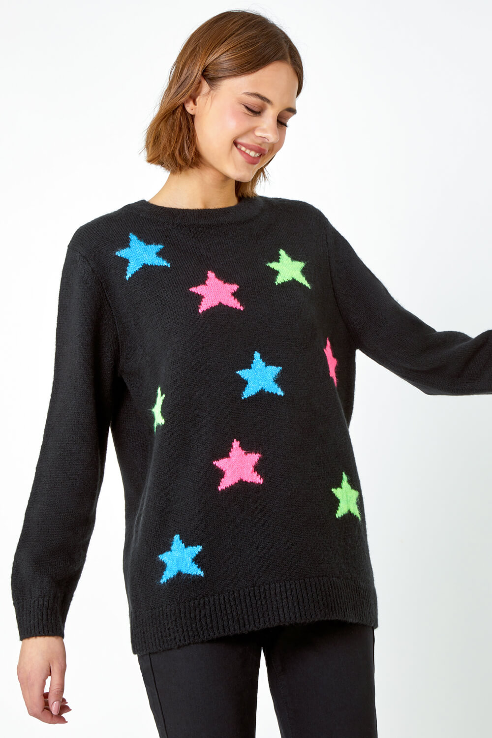 Black Star Print Knitted Stretch Jumper , Image 4 of 5