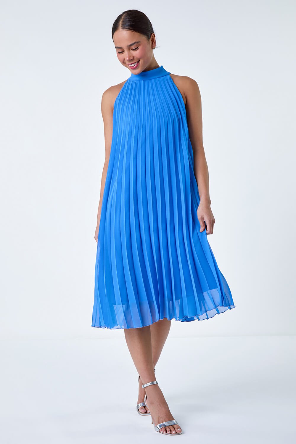 Blue Petite Halter Neck Pleated Dress, Image 2 of 5