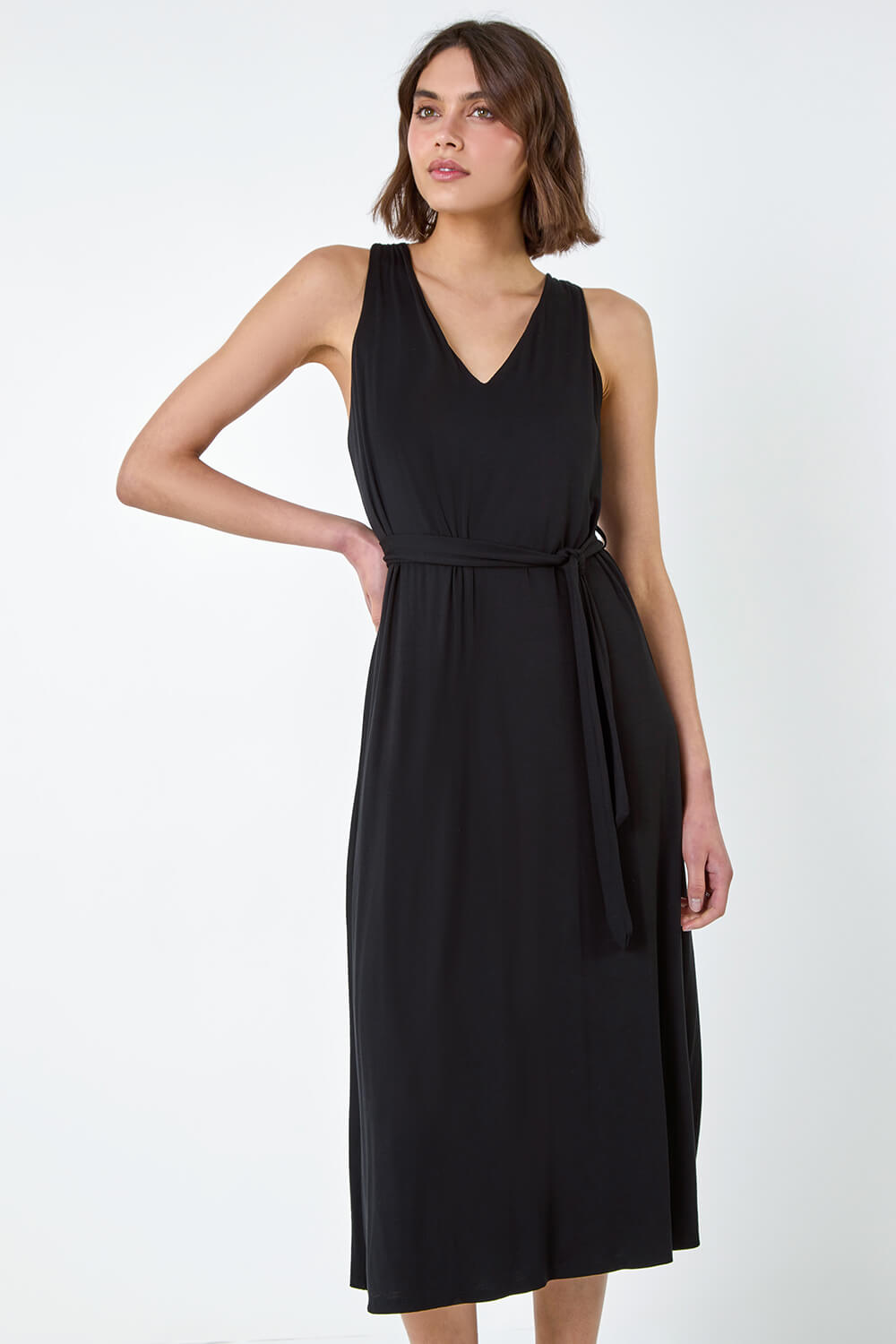 Black Tie Detail Stretch Midi Dress, Image 2 of 5