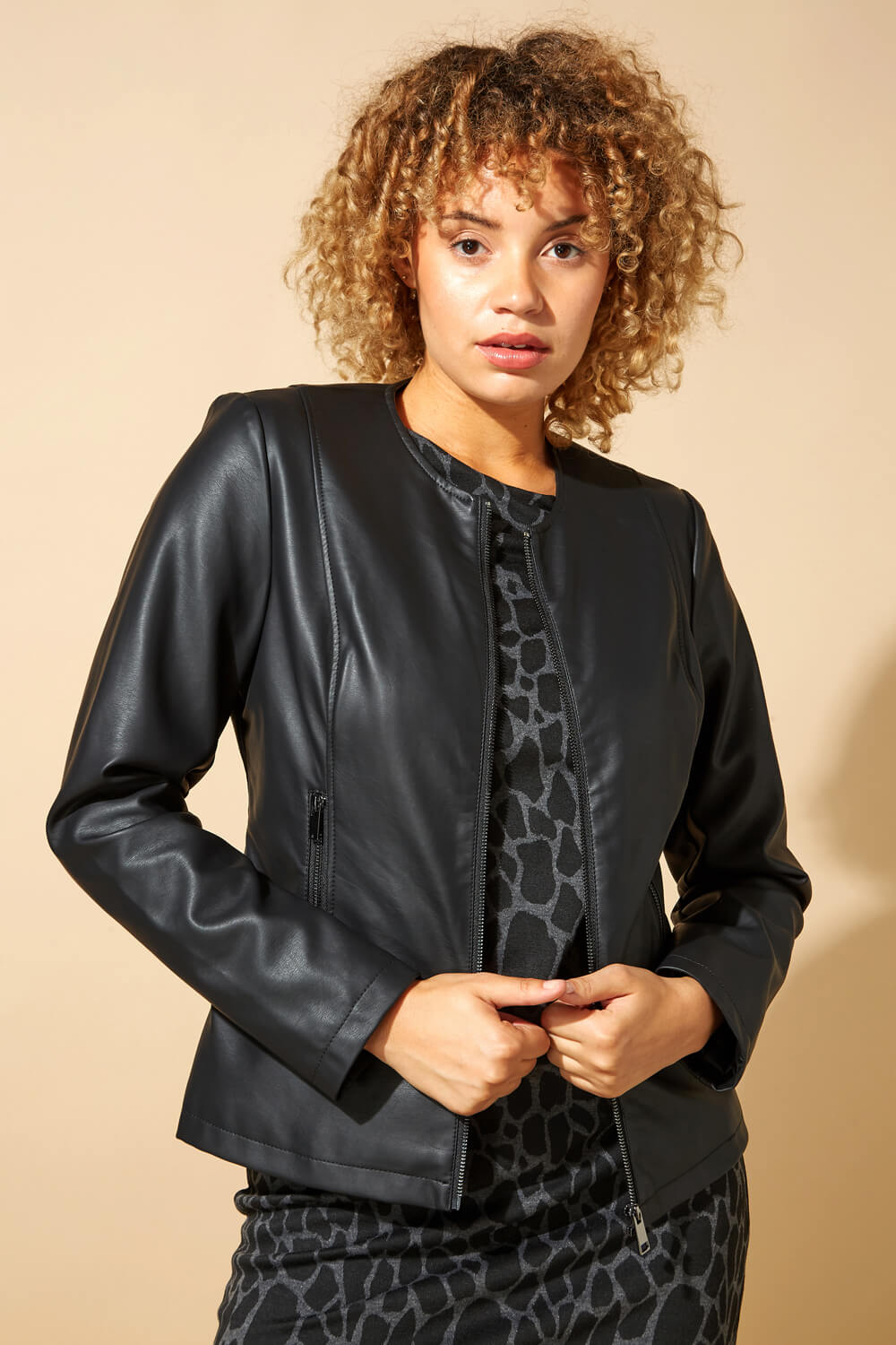 Collarless Faux Leather Biker Jacket