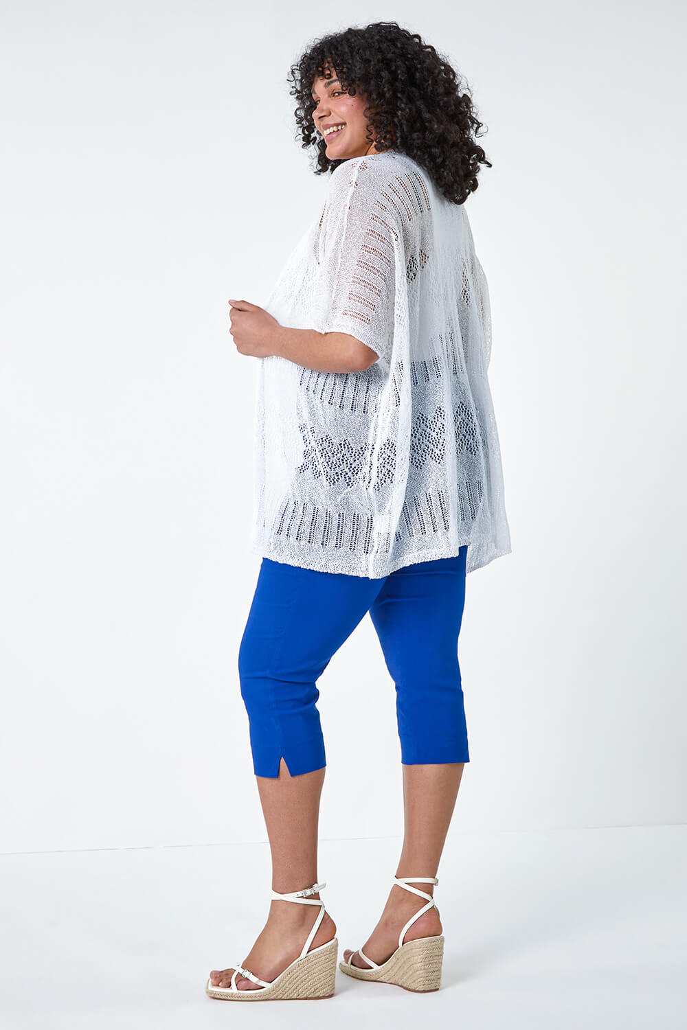 Ivory  Curve Pointelle Knit Stretch Cardigan, Image 3 of 5