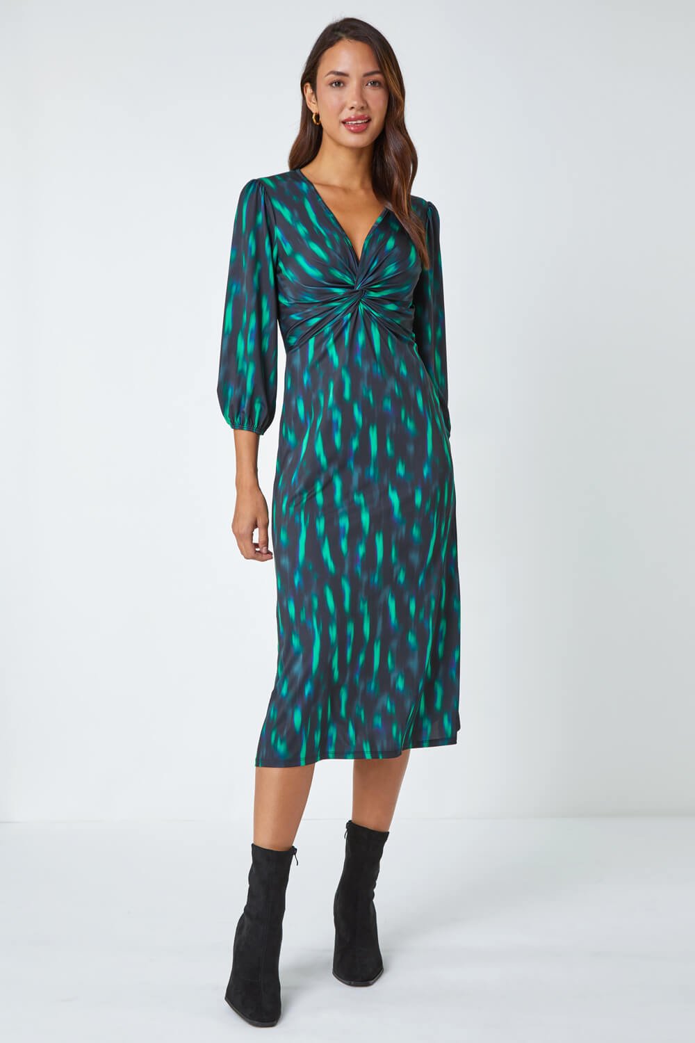 Green Abstract Twist Front Midi Stretch Dress, Image 2 of 5