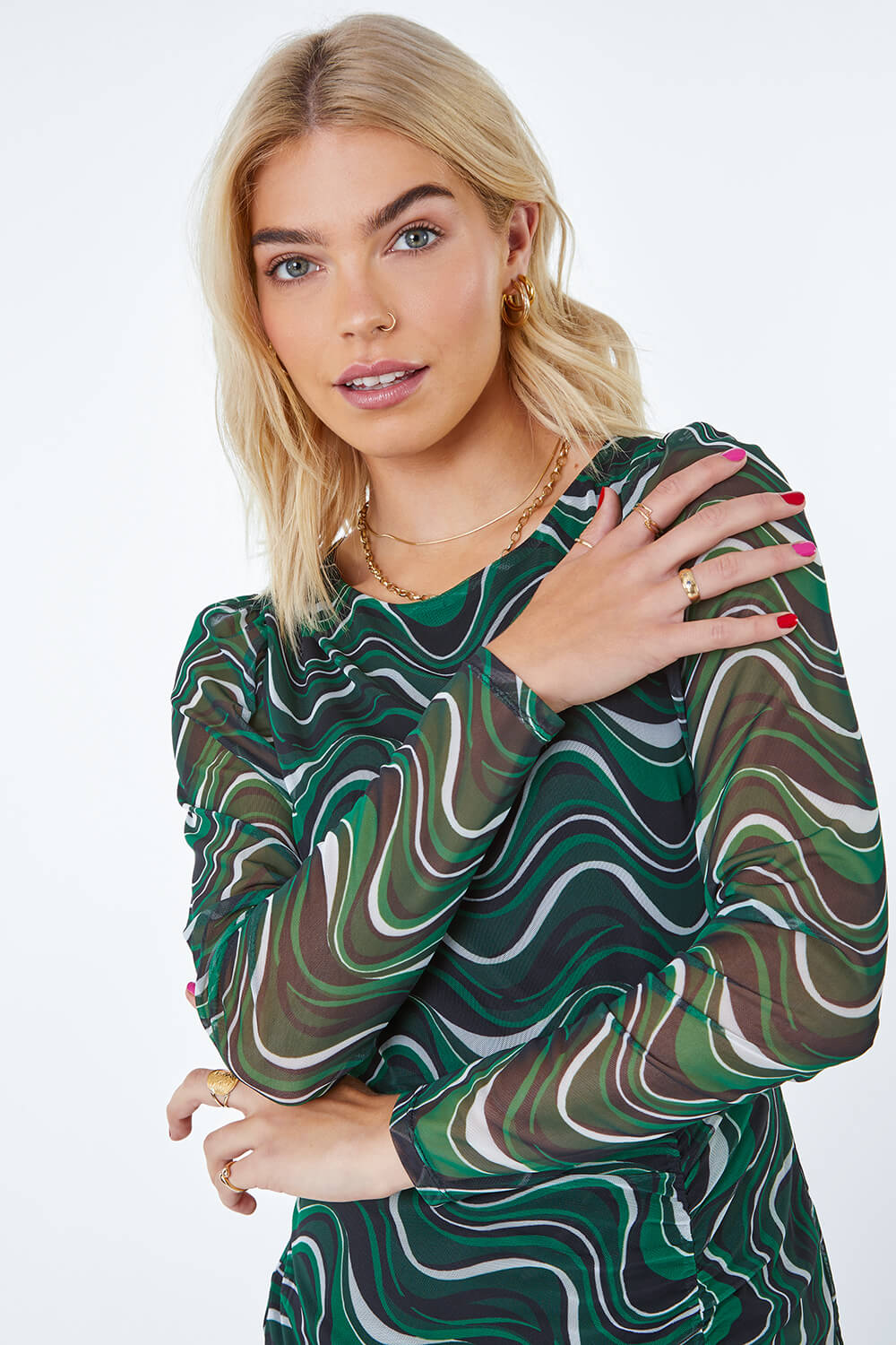 Green Abstract Ruched Side Midi Dress, Image 4 of 5