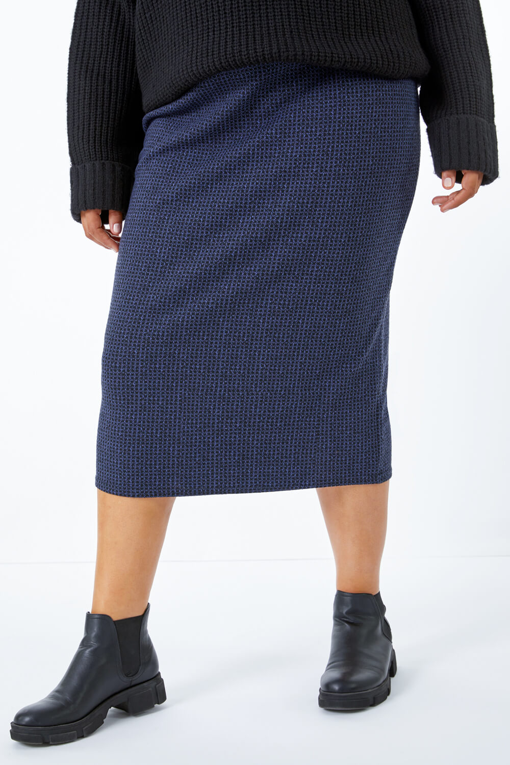 Navy  Curve Check Stretch Pencil Skirt, Image 5 of 5