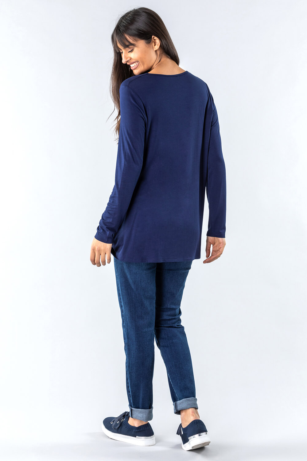 Navy  Wrap Front Long Sleeve Top, Image 3 of 4