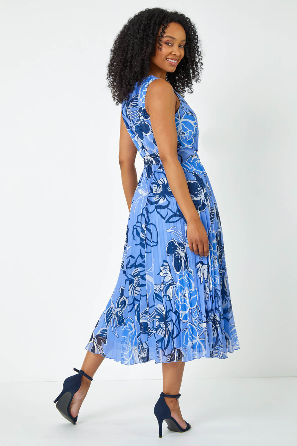 Blue Petite Floral Print Pleated Midi Dress, Image 3 of 5