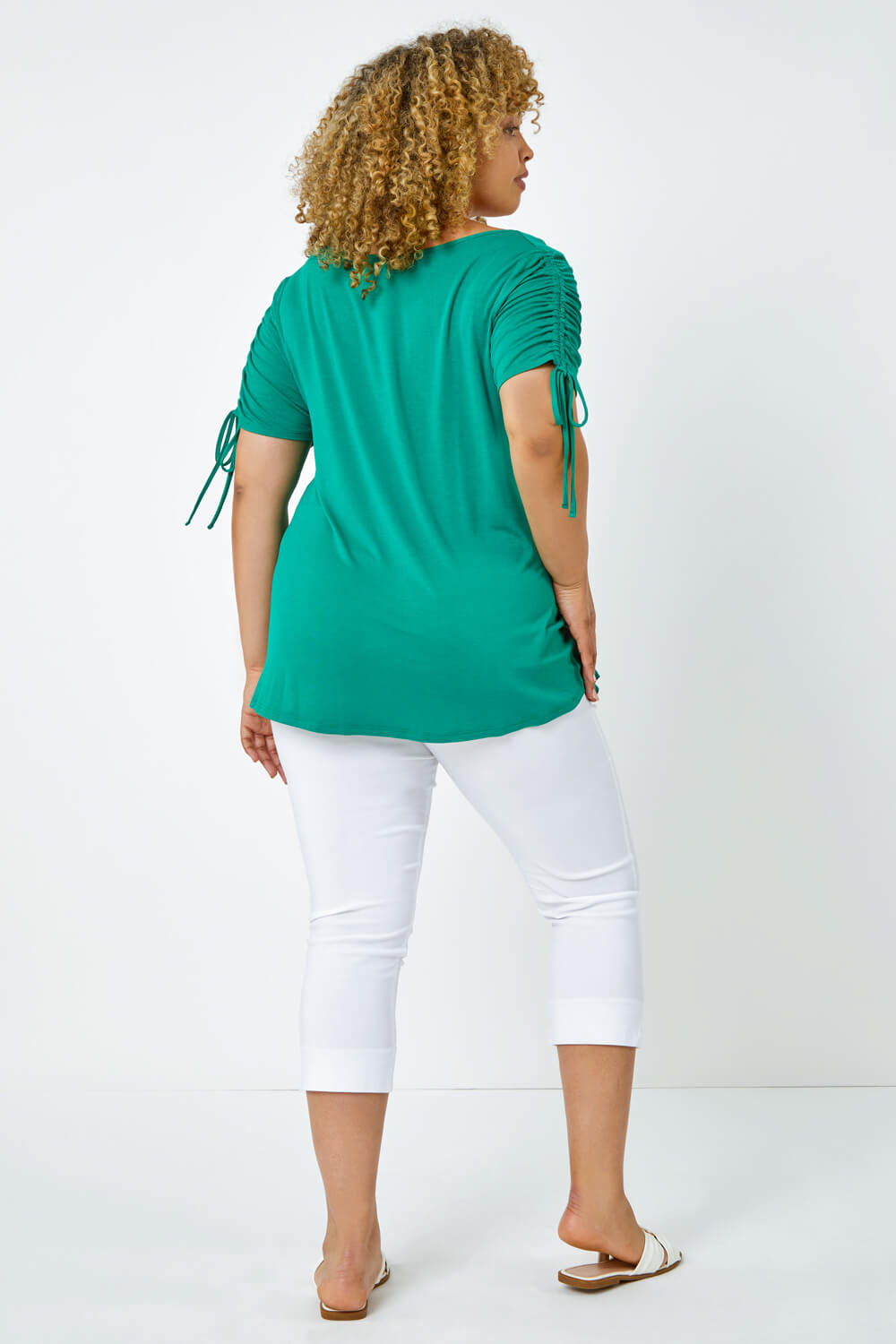 Green Curve Plain Ruched Tie Top, Image 3 of 5