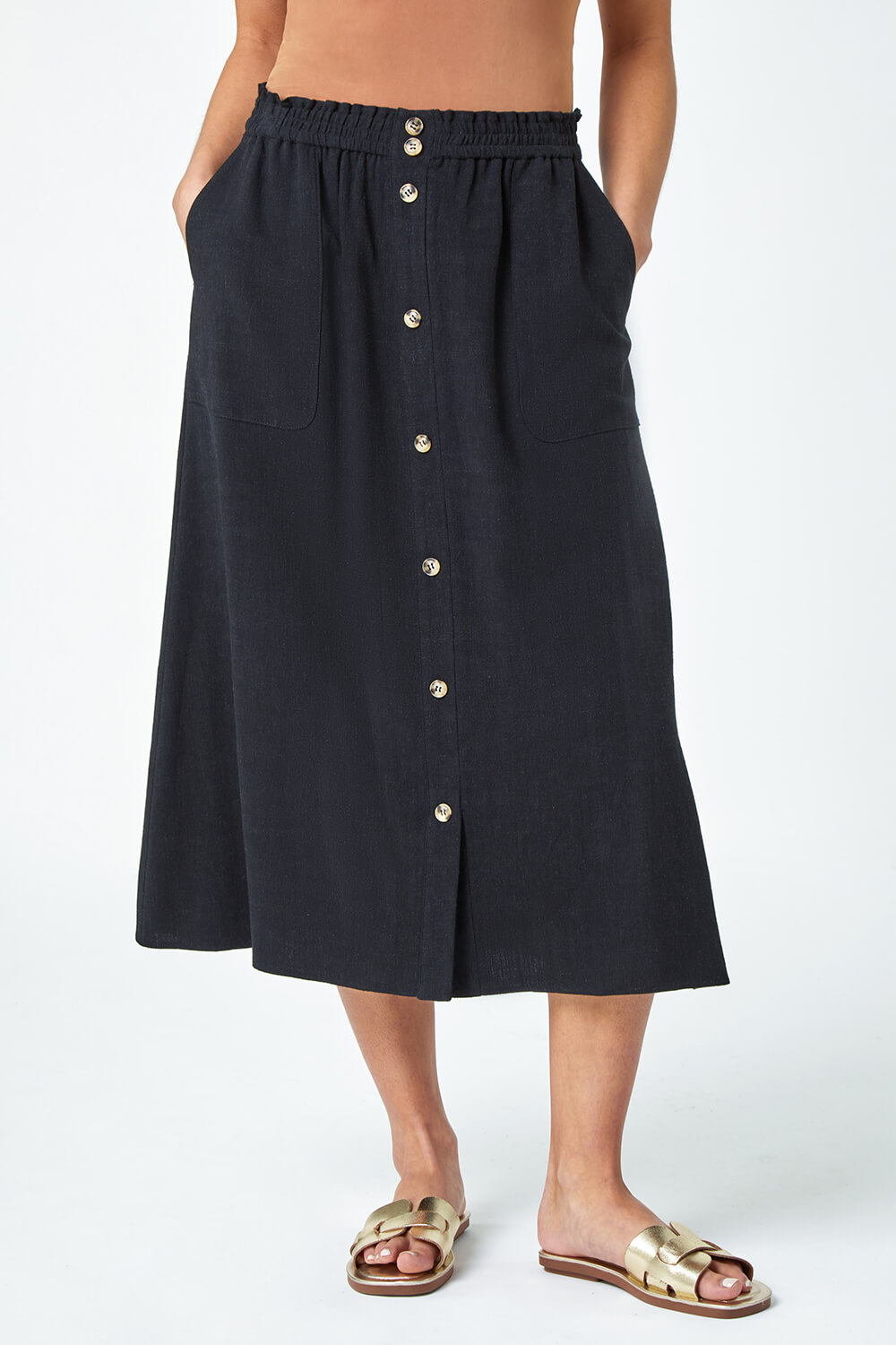 Black Petite Linen Blend Button Midi Skirt, Image 4 of 5