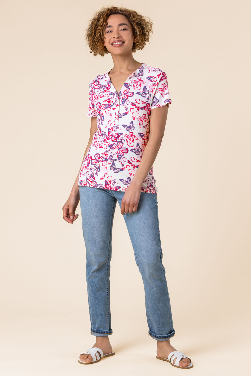PINK Butterfly Print Button Top, Image 3 of 5
