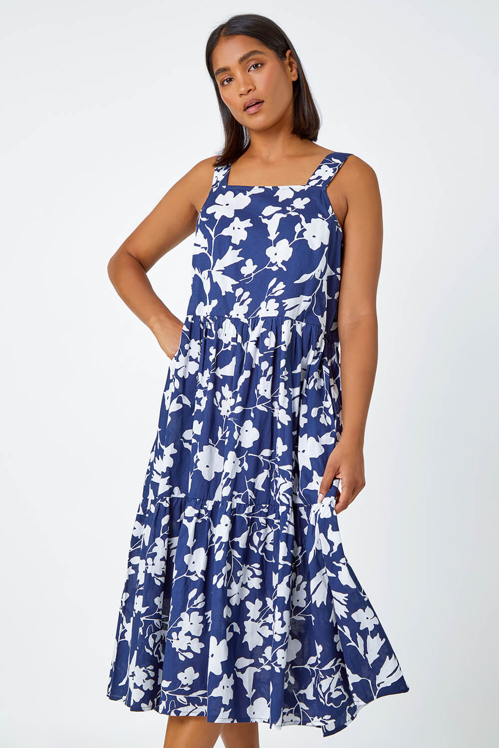 Navy  Sleeveless Cotton Floral Midi Dress, Image 2 of 5