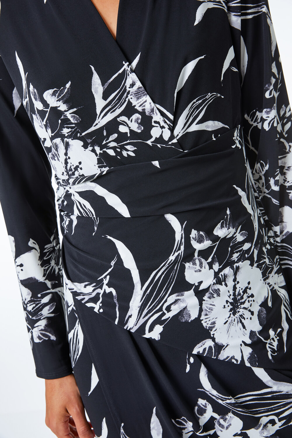 Black Fitted Floral Jersey Ruched Wrap Dress, Image 4 of 5
