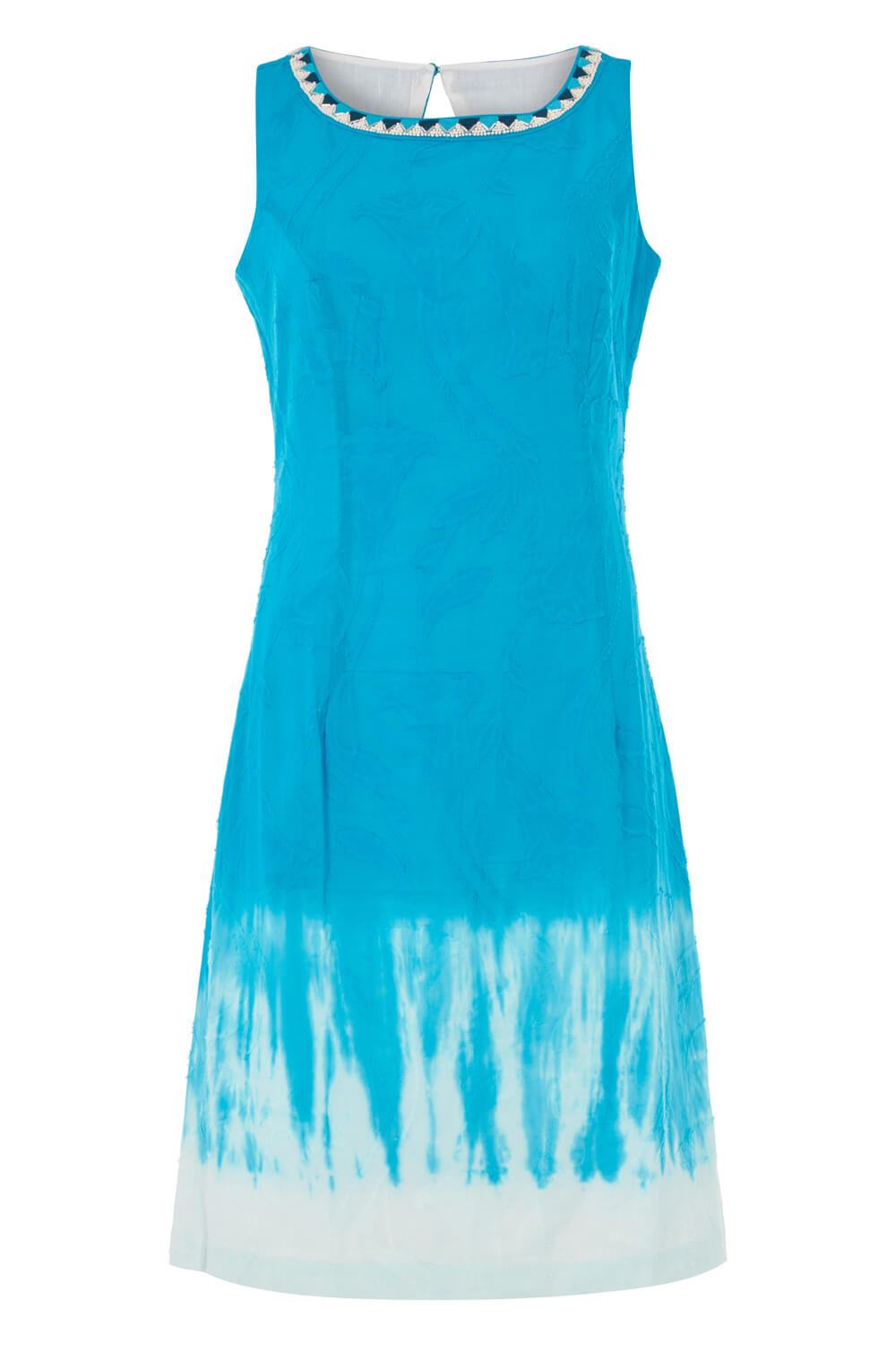 Turquoise Embroidered Tie Dye Cotton Shift Dress, Image 5 of 5