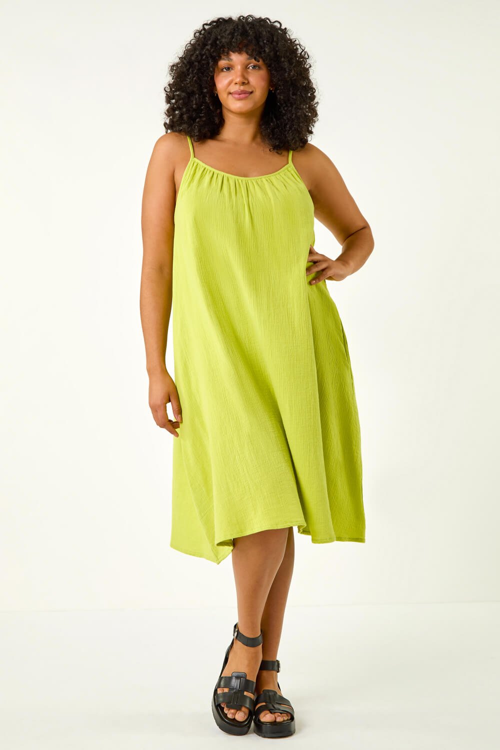 Lime Curve Strappy Cotton Pocket Dress, Image 2 of 5