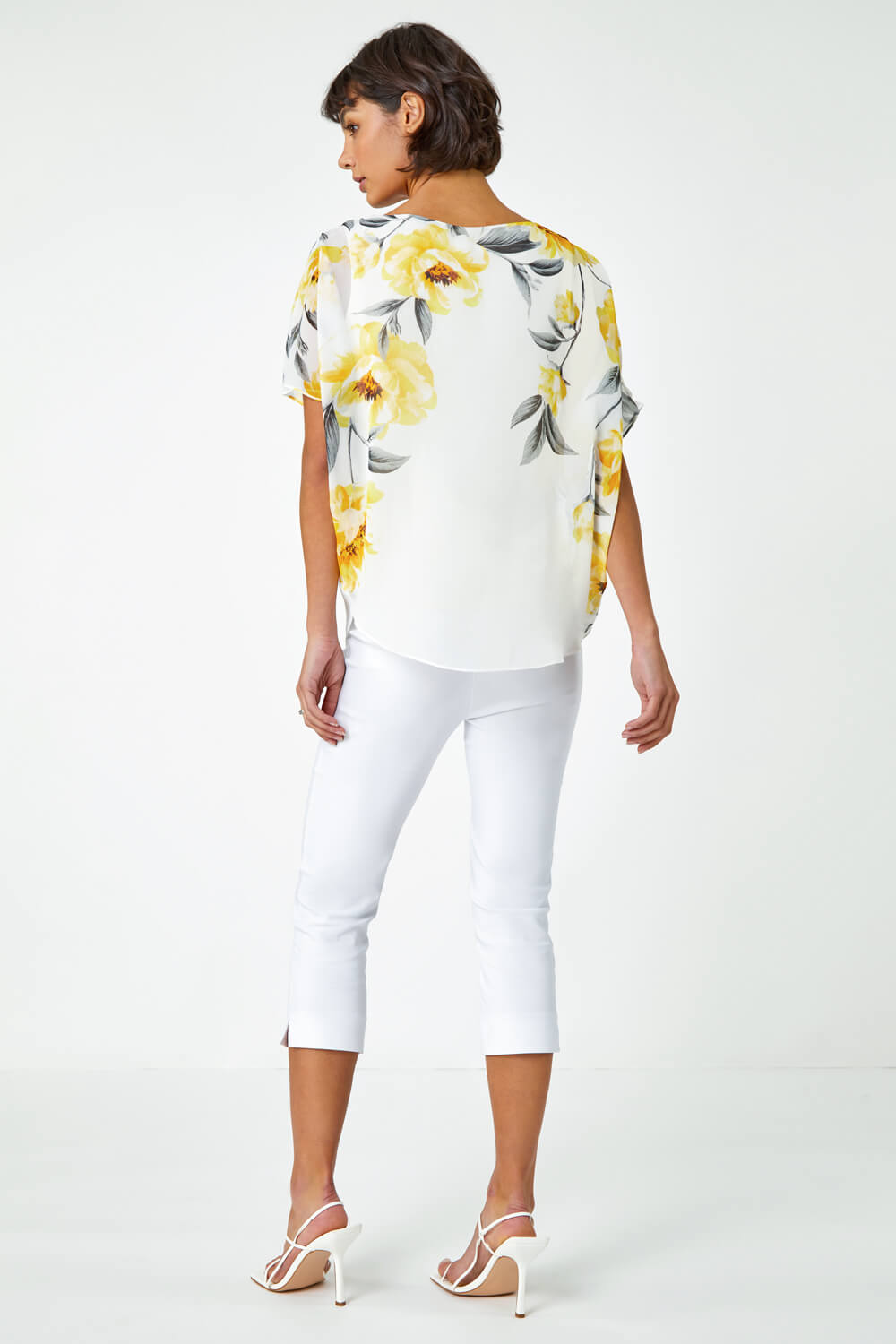 Ivory  Floral Border Print Overlay Top, Image 3 of 5