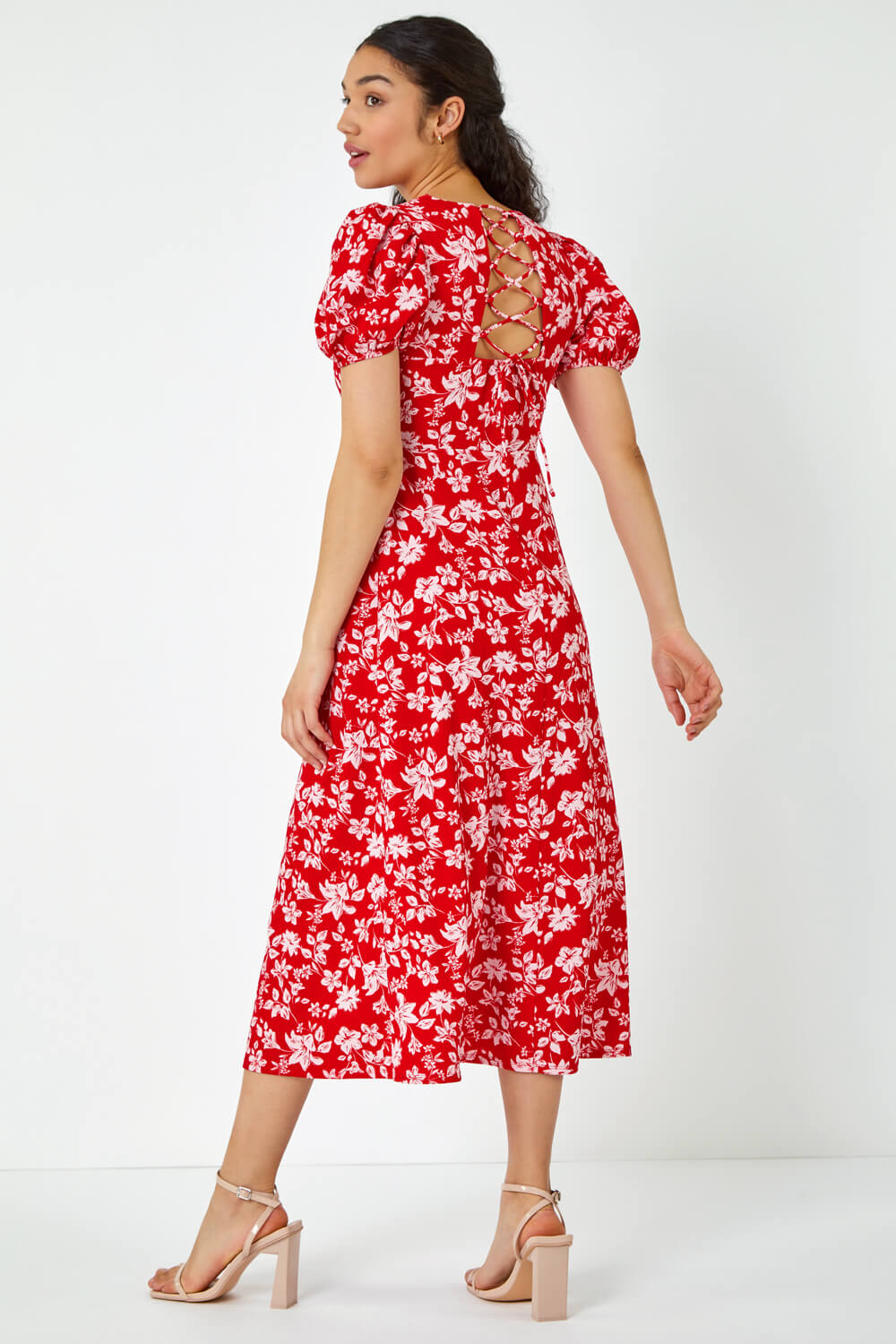 Red Floral Print Lace Back Midi Dress, Image 3 of 5