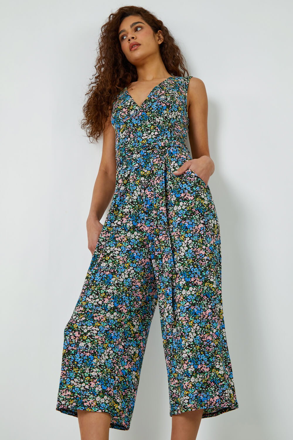 Blue Sleeveless Floral Print Stretch Jumpsuit , Image 2 of 5