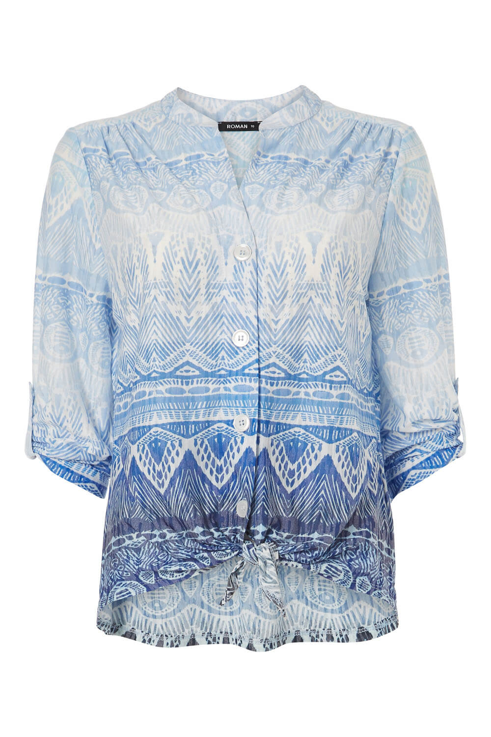 Blue Abstract Print Tie Front Blouse, Image 5 of 5