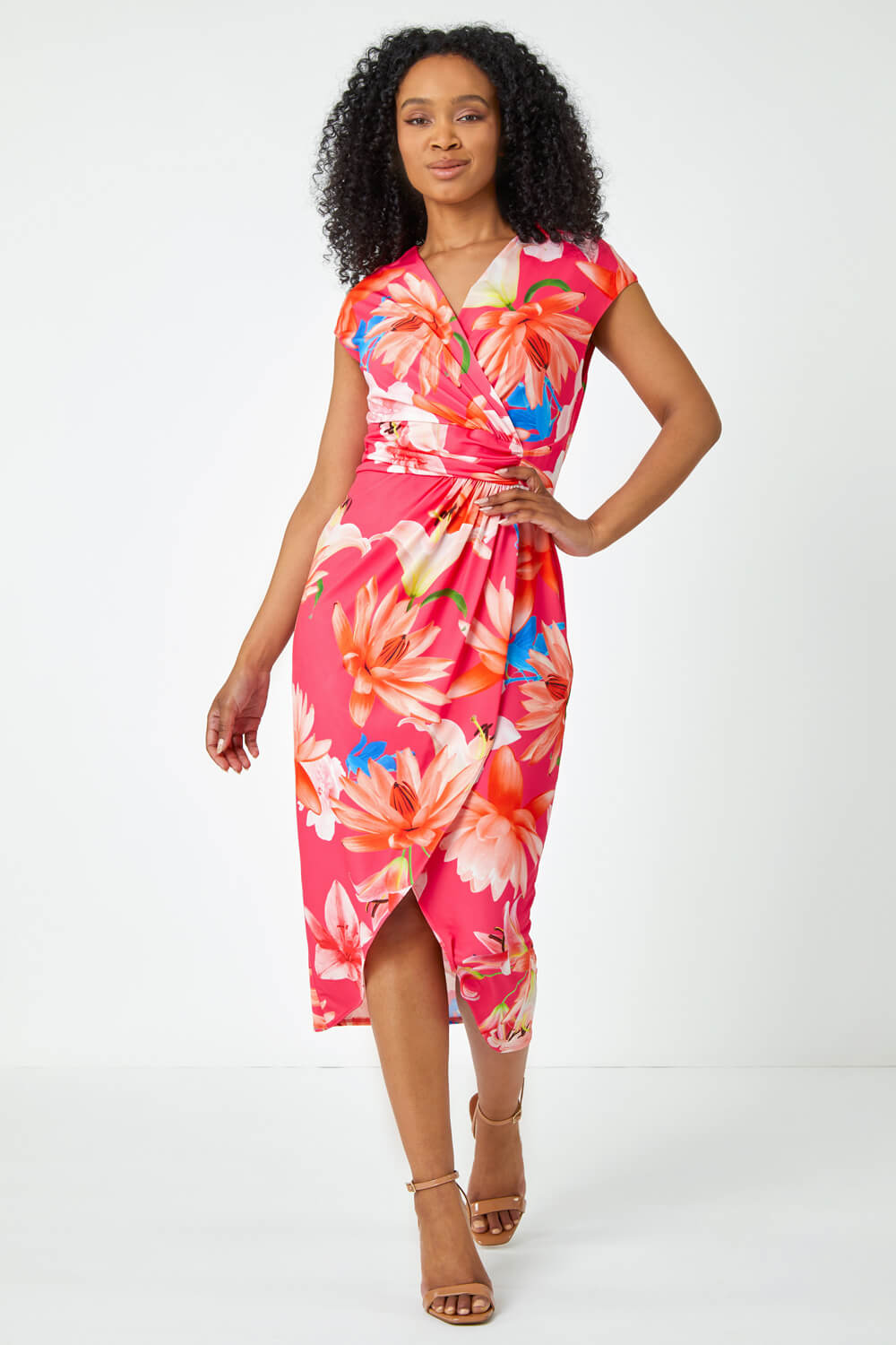 CORAL Petite Ruched Floral Wrap Dress, Image 2 of 5