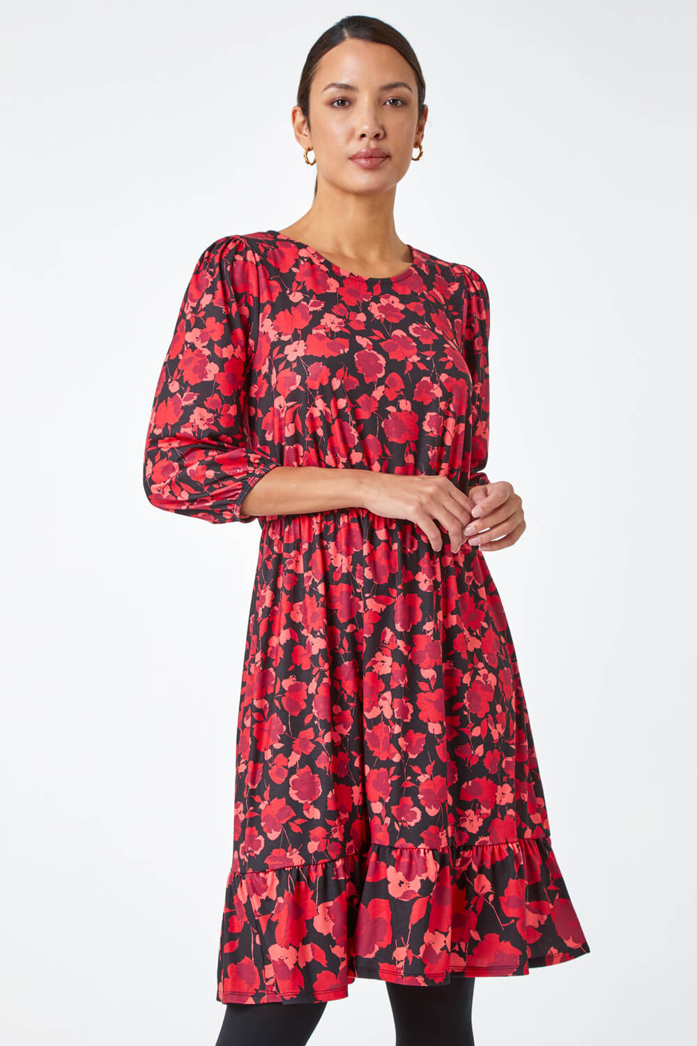 Red Floral Print Frill Hem Stretch Dress | Roman UK