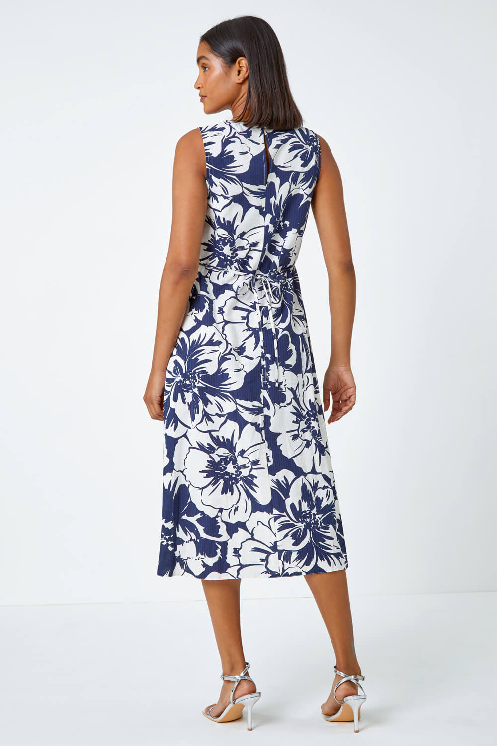 Navy  Sleeveless Cotton Blend Floral Midi Dress, Image 3 of 5