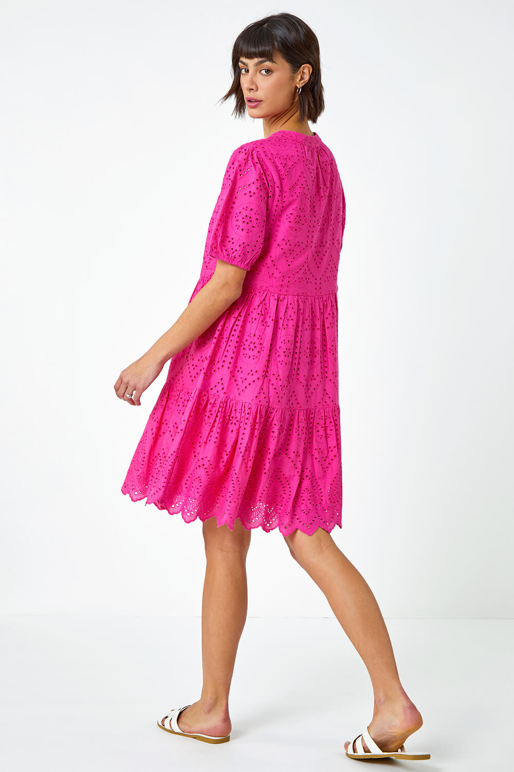 Fuchsia Embroidered Tiered Cotton Smock Dress, Image 4 of 5