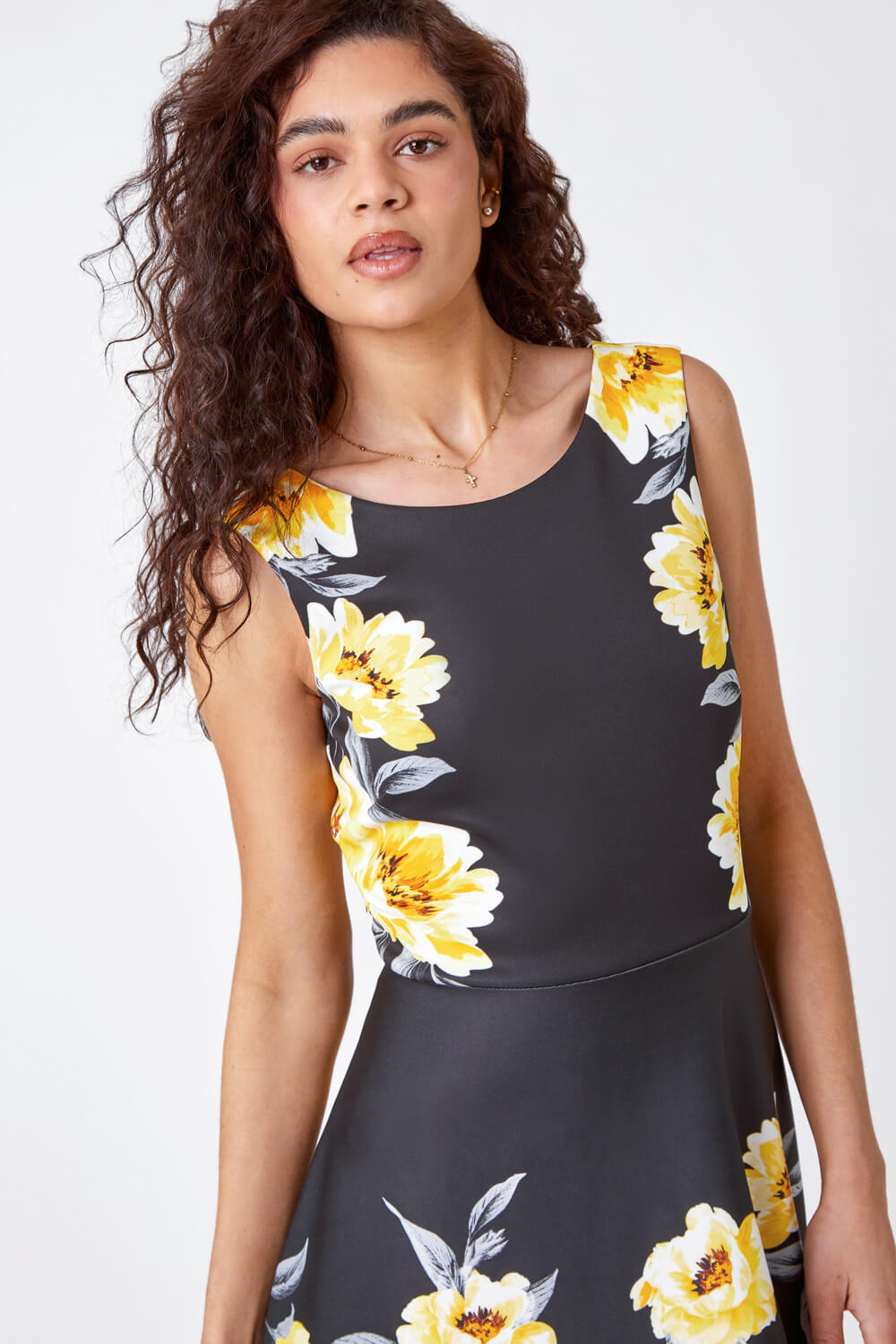 Black Floral Print Premium Stretch Dress, Image 4 of 5