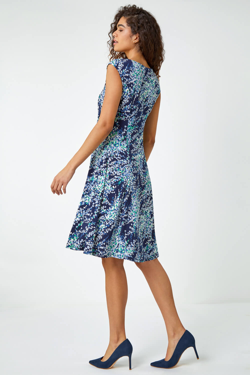 Green Textured Floral Print Ruched Dress, Image 3 of 5