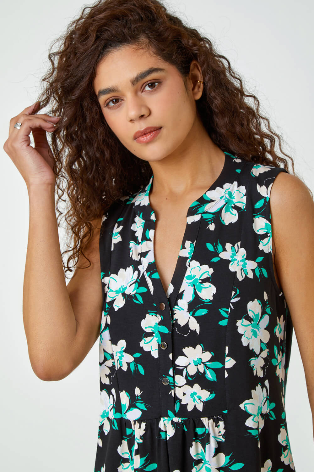 Green Sleeveless Floral Print Smock Top, Image 4 of 5