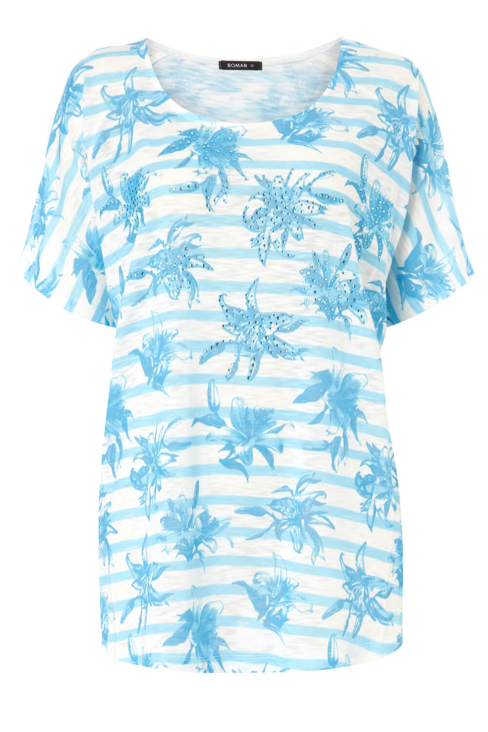 Blue Floral Stripe Embellished T-Shirt, Image 4 of 4