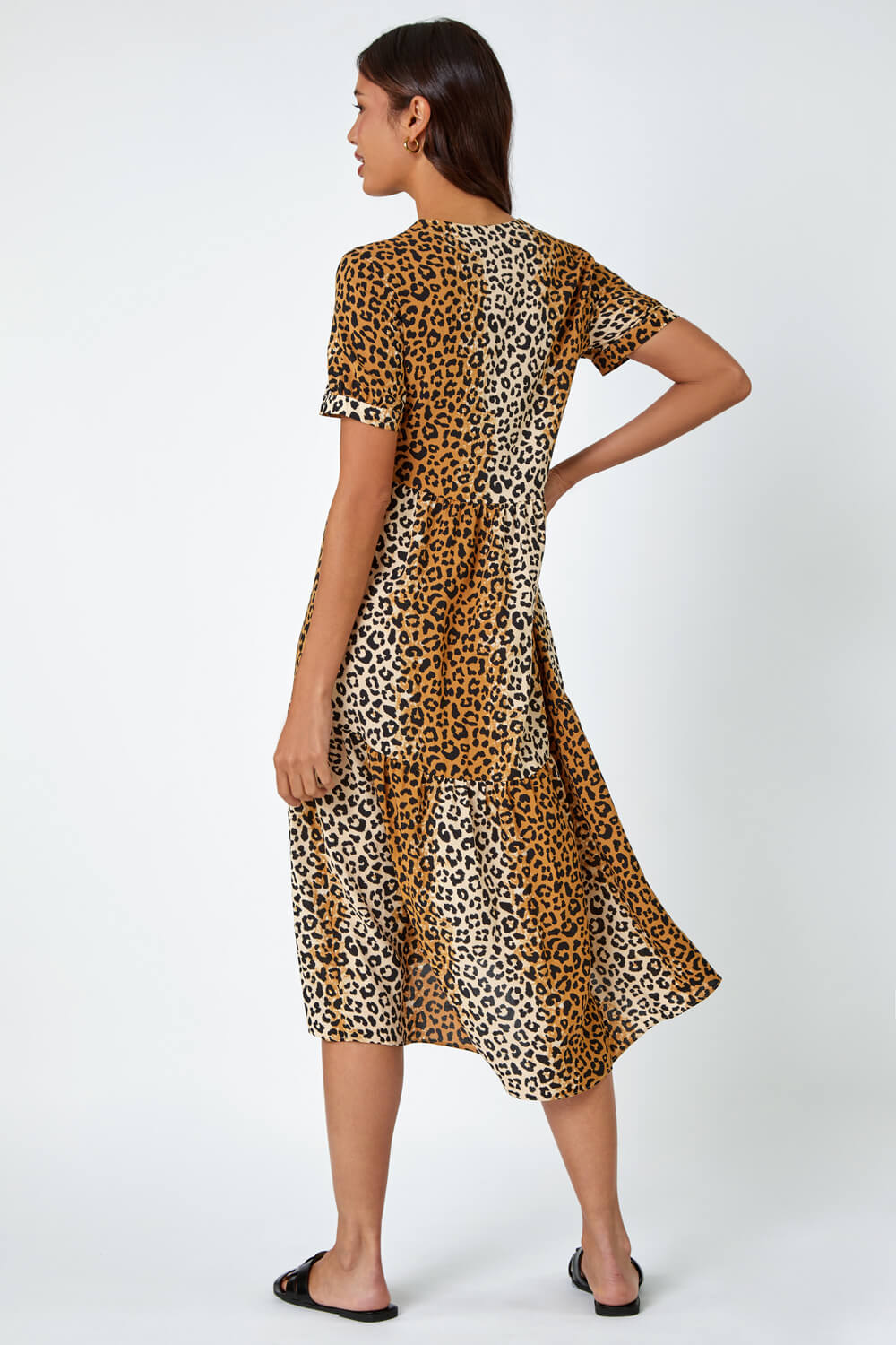 Camel  Leopard Print Tiered Midi Dress, Image 4 of 6